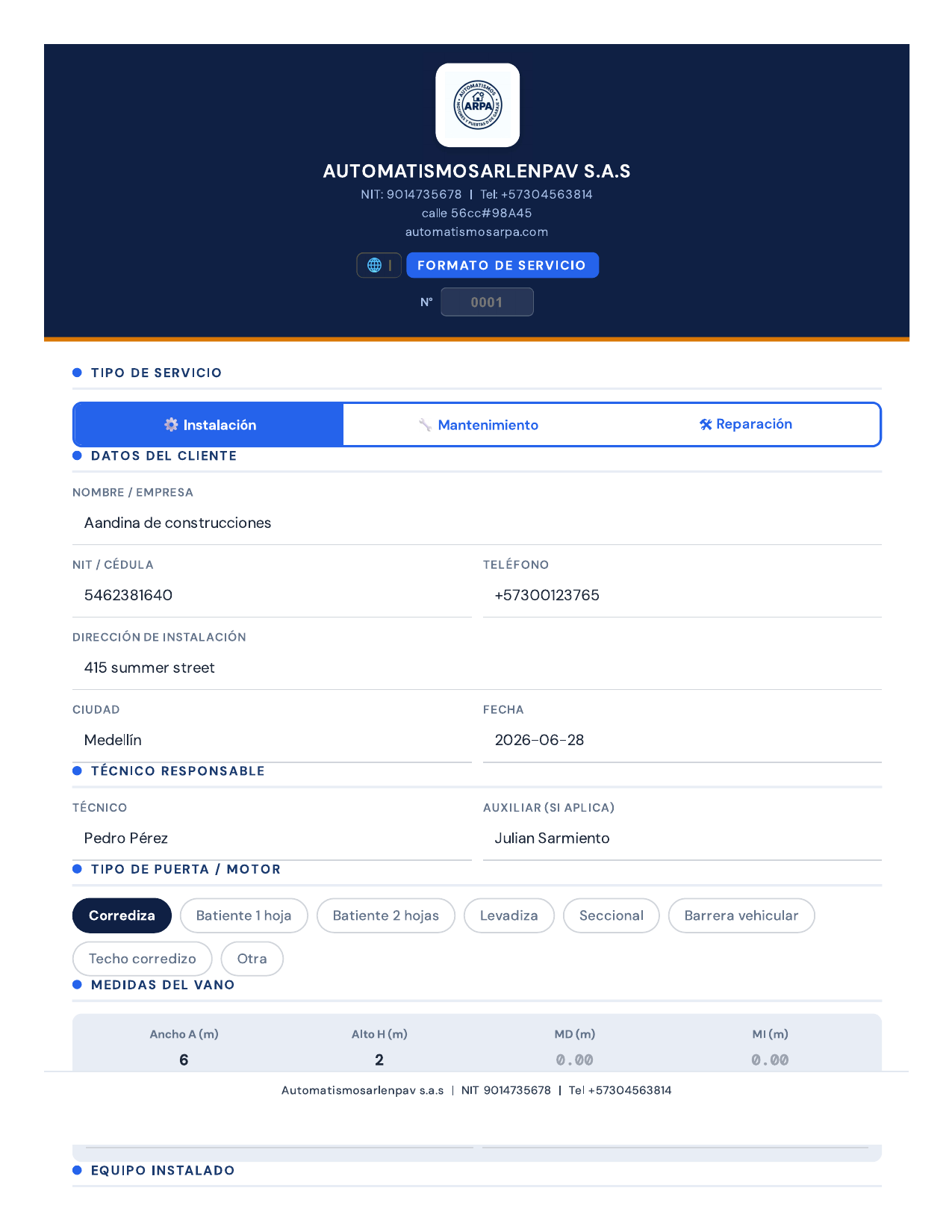 Formato de Servicio generado con ARPA Suite